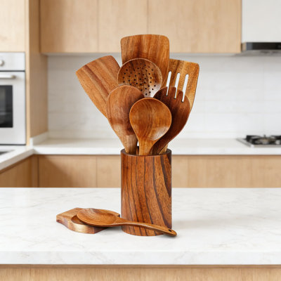 9-Piece Natural Teak Wooden Utensil Set With Holder & Spoon Rest - Heat-Resistant, Non-Scratch Cooking Spoons And Tools For Non-Stick Cookware