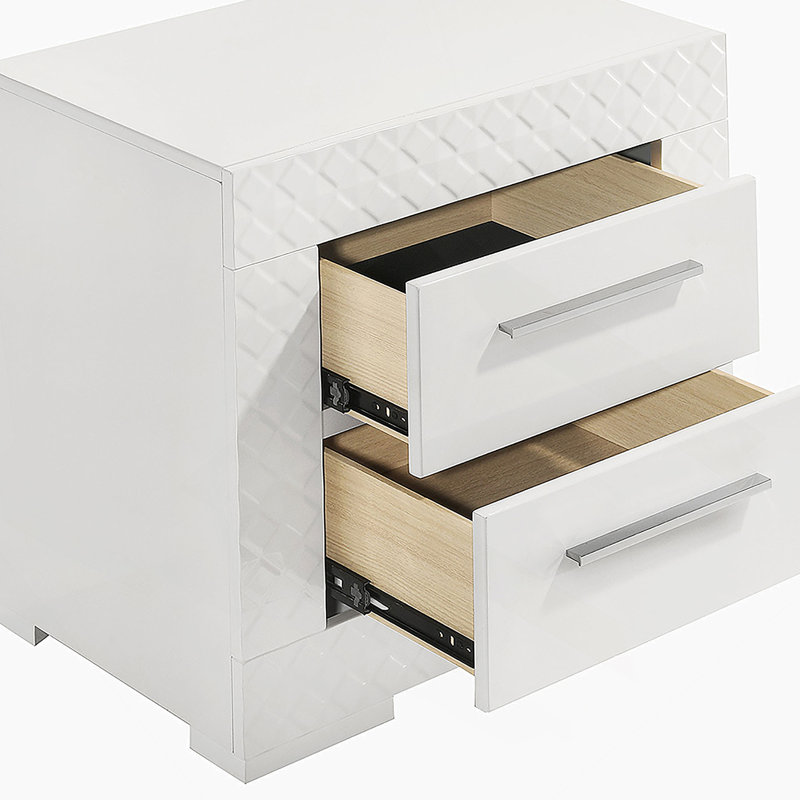 Pierce White High Gloss 2-Drawer Nightstand Bedside Table, Gloss White