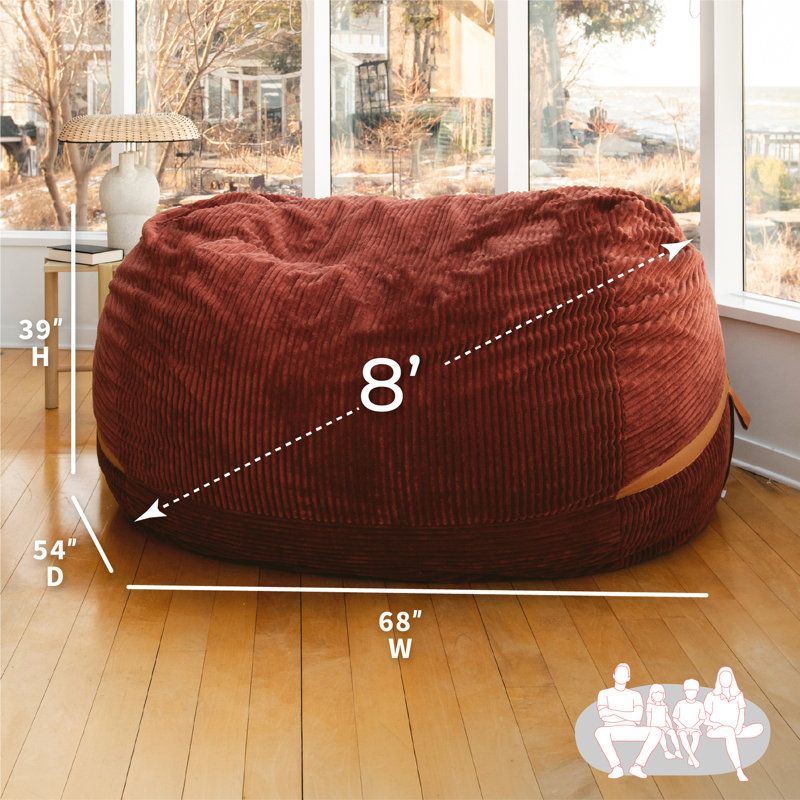 Big Joe Fuf 8Ft Giant Foam Bean Bag Chair, Oversized Couch with Removable Cover for Kids, Teens, Adults, Deep Terracotta Corded Plush, 8 foot