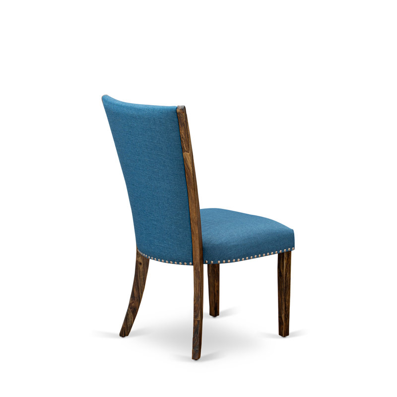 Distressed Jacobean Finish Round Dining Table with 6 Blue Linen Chairs