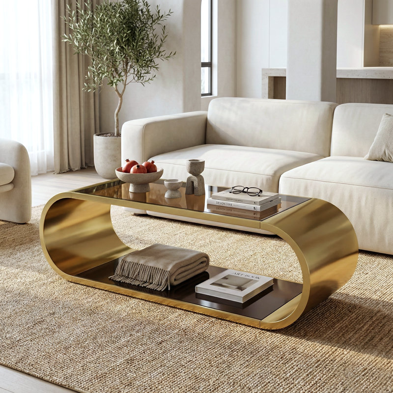 Table basse de 57 po de style moderne avec plateau ovale de 57 po en acier inoxydable doré et plateau en verre trempé pour salon
