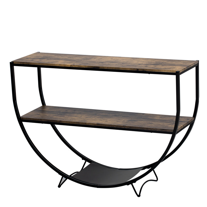 Rustic Industrial Design Demilune Shape Textured Metal Distressed Wood Console Table, Distressed Brown