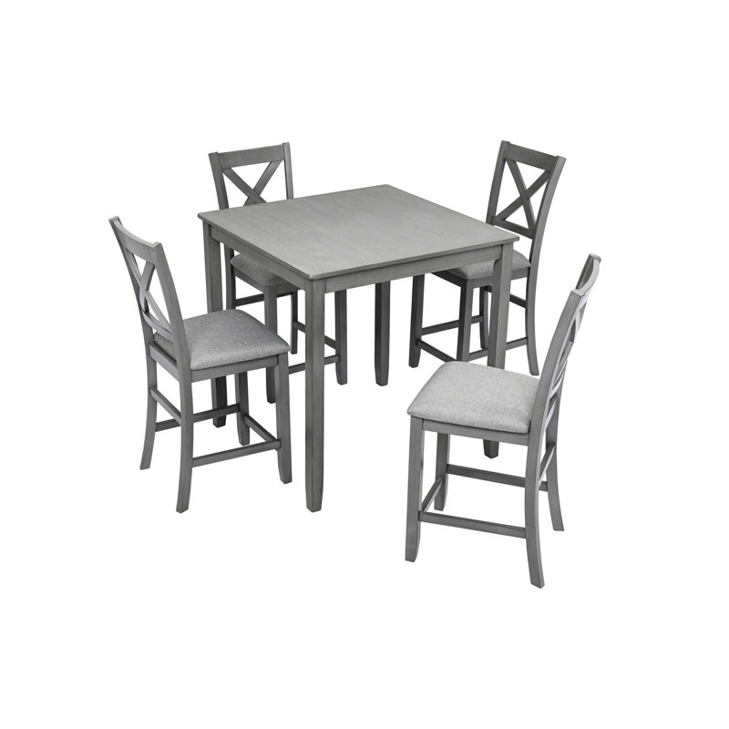 5 tables de salle à manger grises à hauteur de comptoir avec 4 options de sièges rembourrés dans des chaises pour toutes les situations