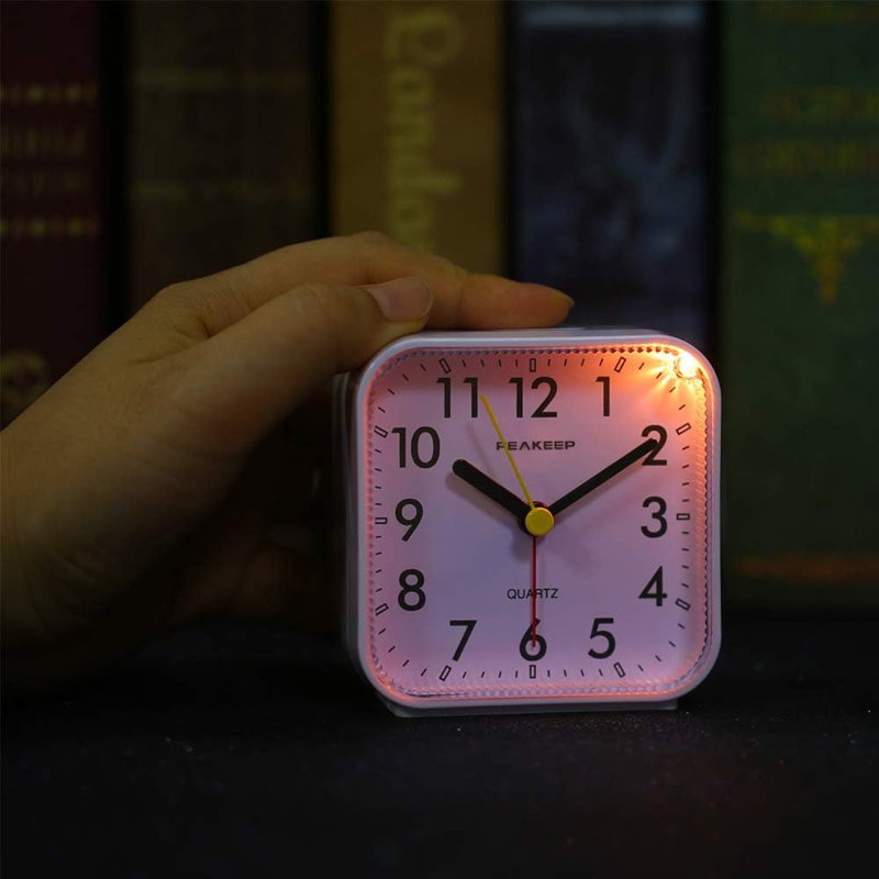 Small Battery Operated Analogue Travel Alarm Clock Silent No Ticking Lighted On Demand And Snooze Beep Sounds Gentle Wake Ascending Alarm, Easy Set (White)