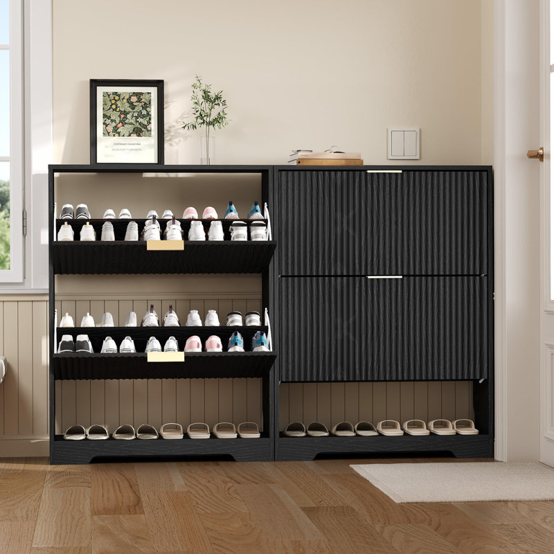 Shoe Storage Cabinet w/ 2 Flip Drawers, Slim Fluted Entryway Organizer w/ Open Shelf， Black, Black