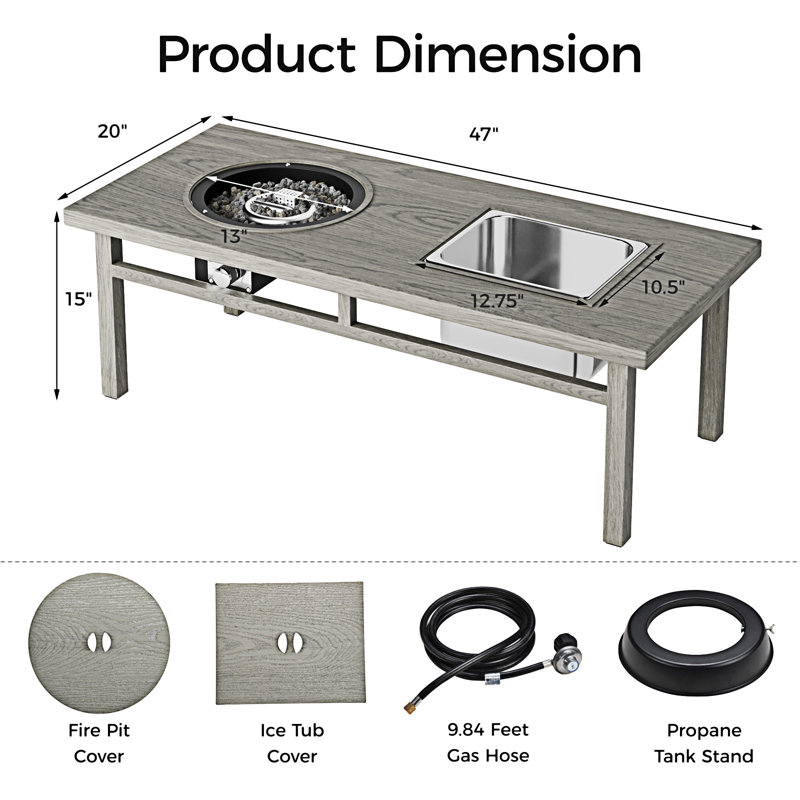 Table basse 3-en-1 avec seau à glace et foyer, Gris