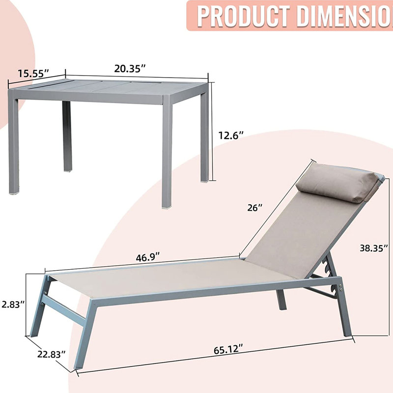 Patio Lounge Of 3 - Aluminium, 5 positions réglables, pour balcon, jardin, piscine, chaises longues kaki, terrasse, pelouse, bord de piscine