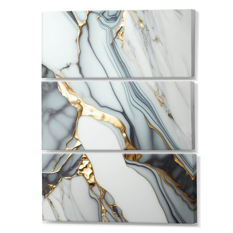 Konnan, géode abstraite, marbre doré et blanc V sur toile, 3 pièces