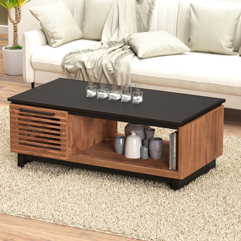 Liddel 47" Modern Storage Coffee Table, Fully Assembled, Bourbon with Black Finish