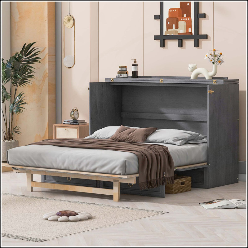 Grand lit escamotable avec grands tiroirs, gris