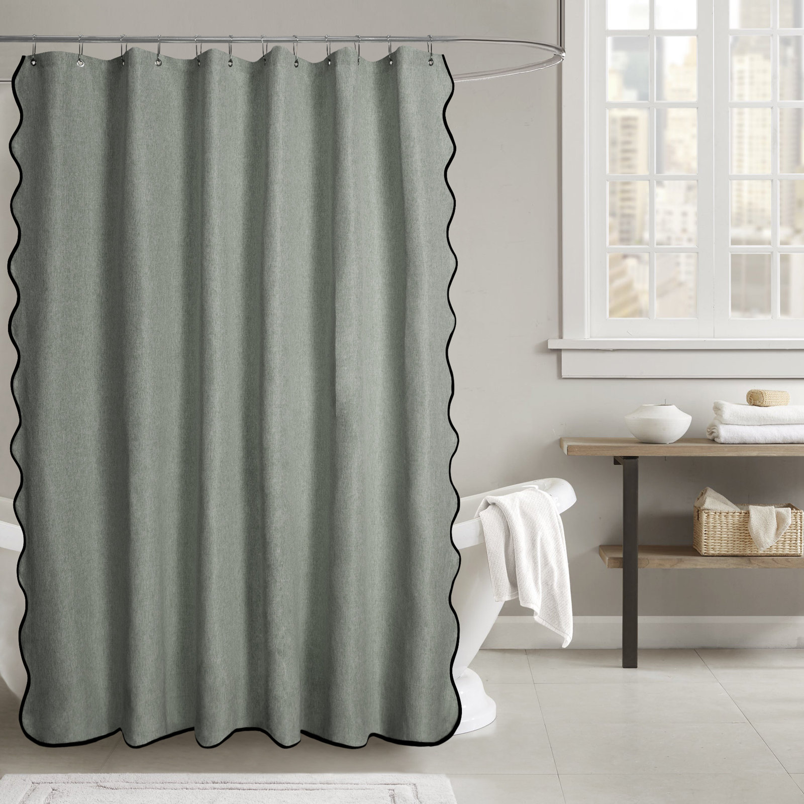 Linen Textured Scalloped Edge Shower Curtain, Gray, 84" H x 72" W