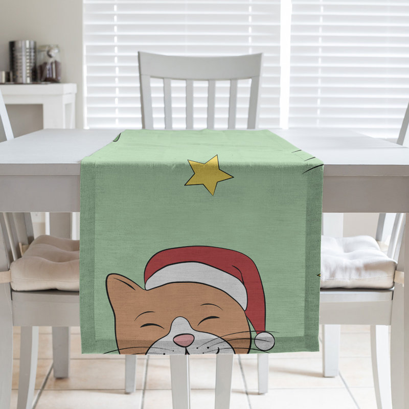 Chemin de table christmase hol christmas chats, L 90 po x l 16 po, Vert / Rouge / Jaune, Mélange de coton