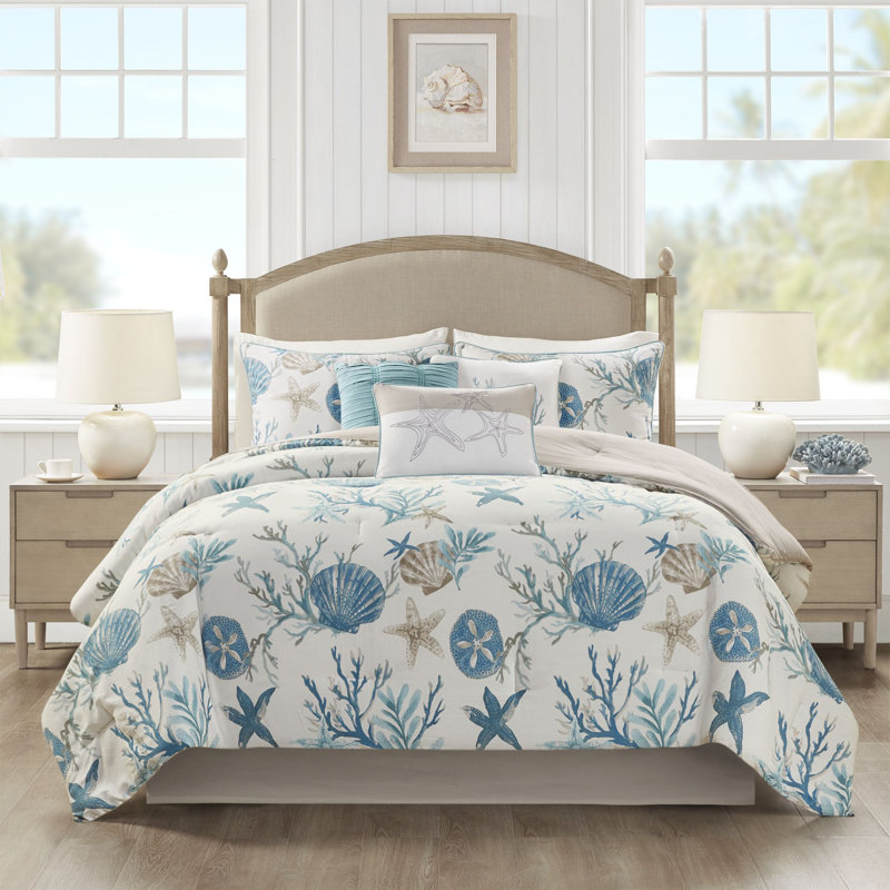 California King Aqua Cotton Coastal Comforter Set with Decorative Pillows