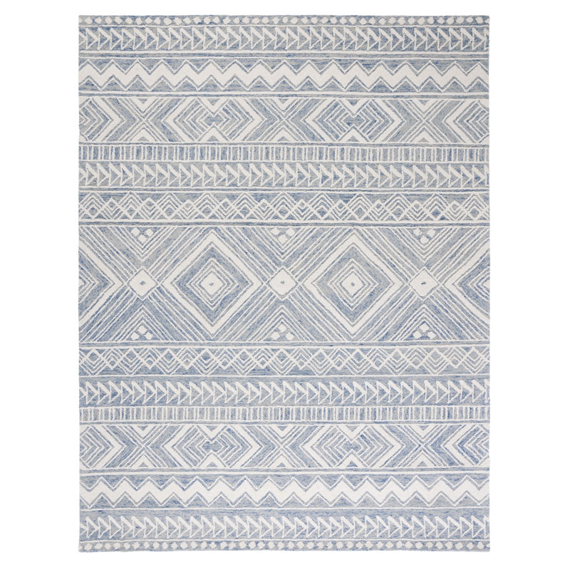 Kyndall Southwestern Handmade Tufted Wool Blue/Ivory Area Rug, Rectangle 8' x 10'