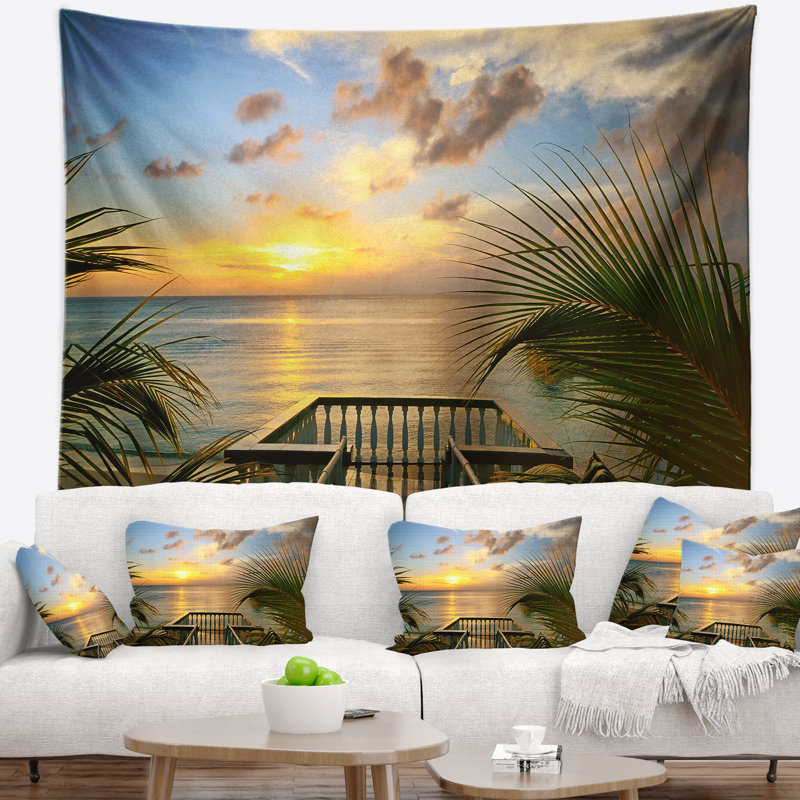 Photographie coucher de soleil vue sur la mer depuis la terrasse tapisserie, H 68 po x l 80 po