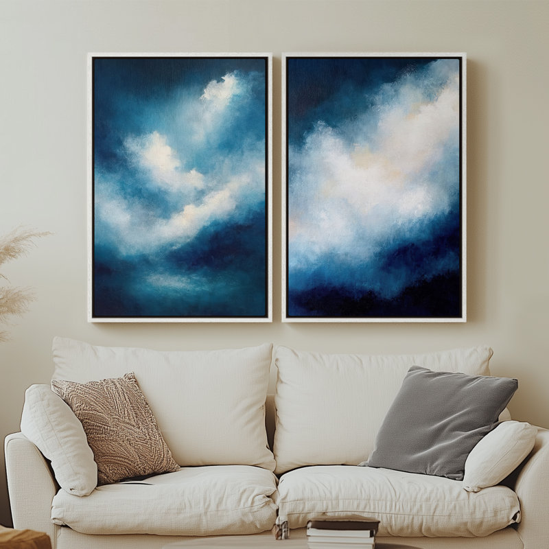 Art mural encadré, impression de nuages abstraits de ciel bleu pour chambre à coucher - 16 po x 24 po x 2 pièces, 24 po x 36 po x 2 pièces