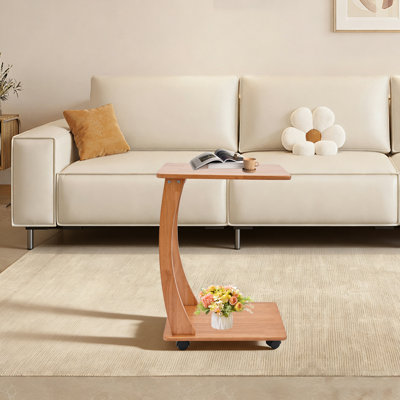 C-Shaped Rolling End Table, 2-Tier Wood Side Table with Wheels for Sofa & Bed