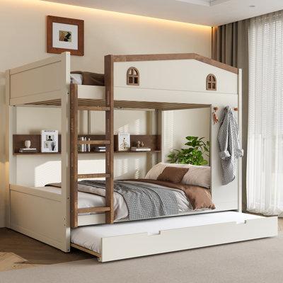 Lit superposé grand avec lit gigogne et tablettes de rangement Roomfitter, structure en bois massif avec crochets, beige