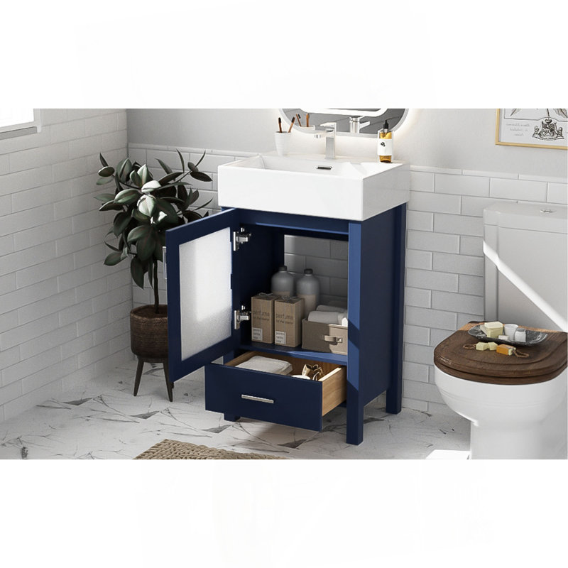Meuble-lavabo avec lavabo en céramique et grand espace de rangement - idéal pour les petites salles de bain, Bleu