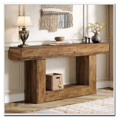 63" Console Table, Farmhouse 2-Tier Entryway Table With U-Shaped Base, Narrow Long Wood Sofa Table Behind Couch Table For Living Room