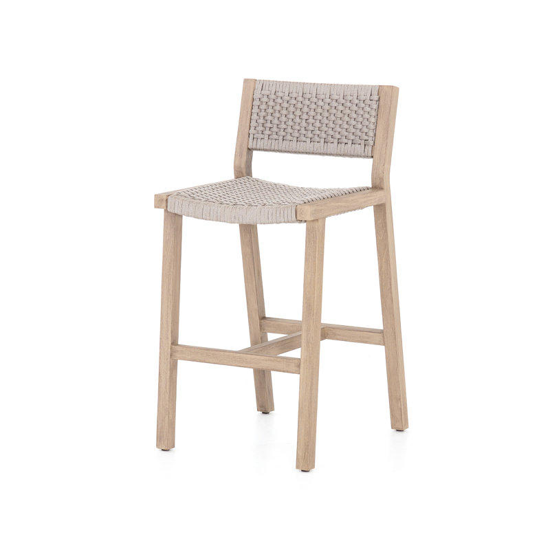 Delano Outdoor Teak Bar Stool, Washed Brown, Bar Stool (29" Seat Height), Gray Rope