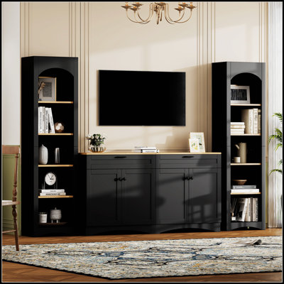 3-Piece Farmhouse Entertainment Center with Storage, Mid-Century TV Stand and Bookshelf for Living Room