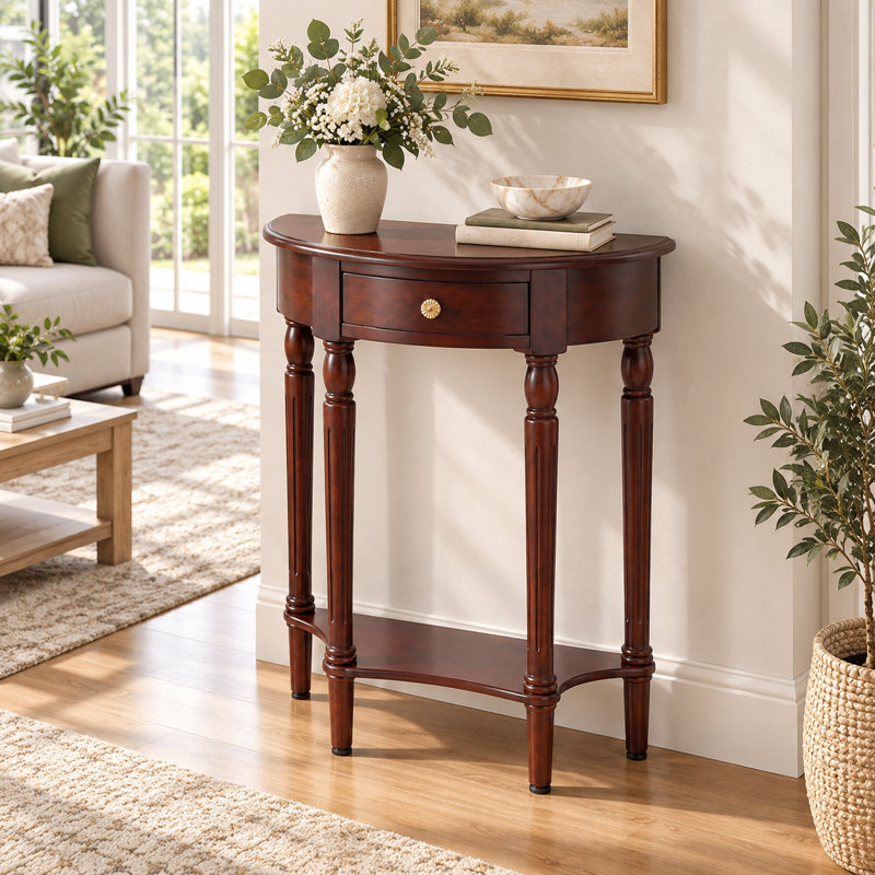 Console demi-cercle classique et traditionnelle peu encombrante avec tiroir et tablette ouverte pour l'entrée, le couloir ou le salon.