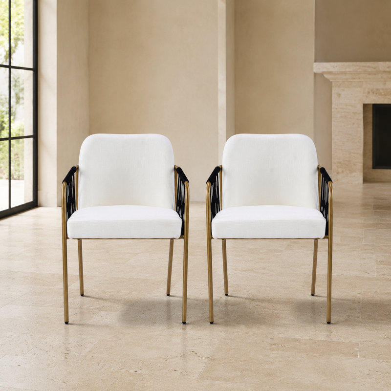Ensemble de 2 chaises de salle à manger rembourrées avec structure en métal robuste, sièges en tissu moelleux et accoudoirs tissés texturés, sièges élégants et modernes