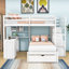 Lit superposé double surélevé polyvalent avec escalier de rangement, bureau et tiroirs-389681025