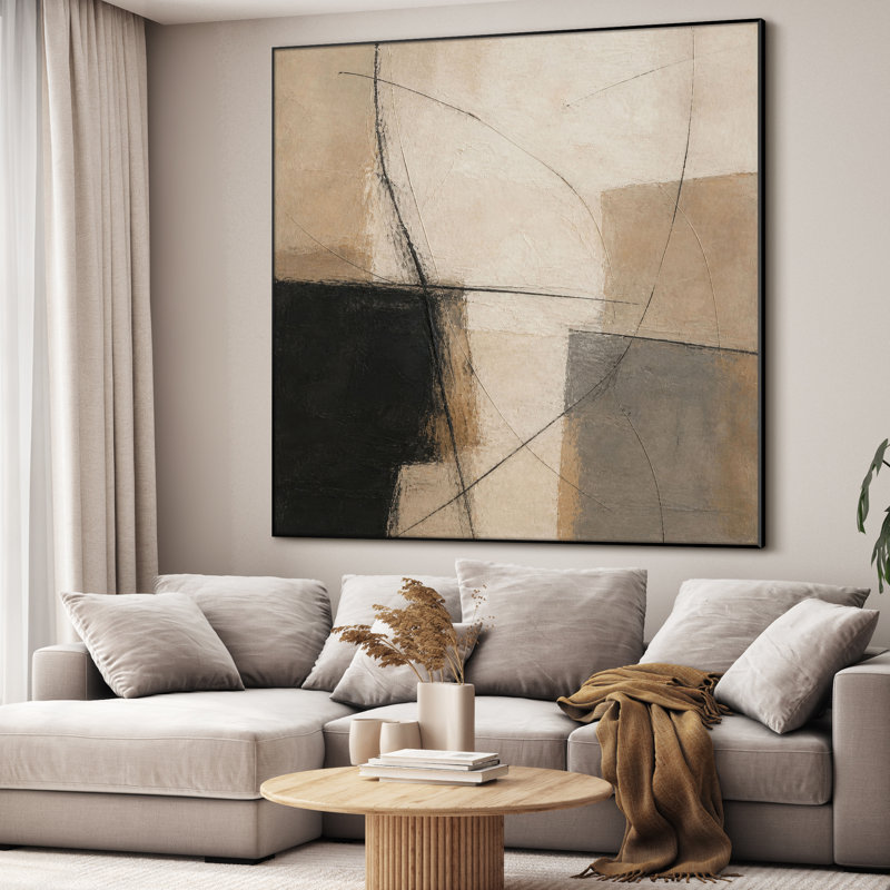 Très grand art mural imprimé sur tissu - Composition abstraite géométrique avec des accents noirs et beiges pour le salon ou la chambre à coucher - «Assemblage requis du cadre (cadre non fini)»