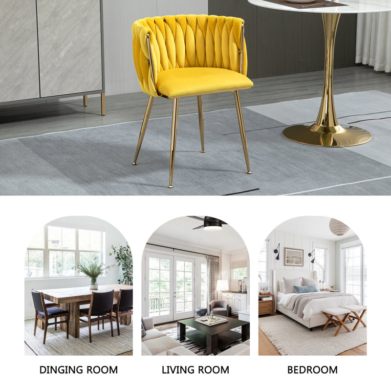 Ensemble de 4 chaises de salle à manger en velours tissé jaune avec pieds en métal doré, 4, Jaune