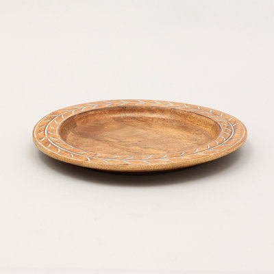1 Piece 13 Inch Round Handcrafted Mango Wood Charger Plate, White Inlaid Leaf Border Wooden Dining Placemat for Table Settings, Rustic Table Decor