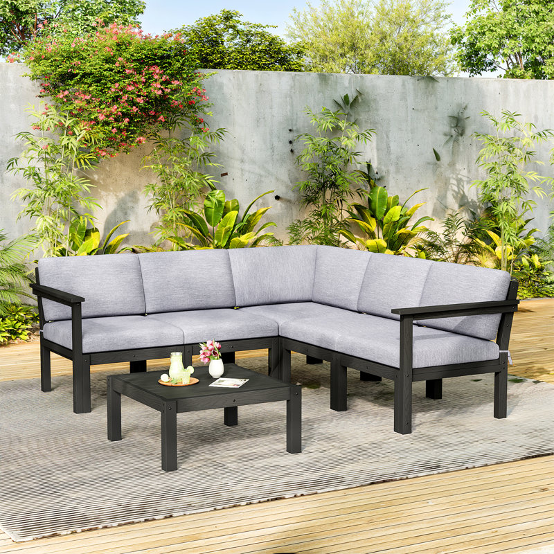 5 - Person Modular Patio Conversation Sets With Cushions, 6-Piece Outdoor All-Weather Waterproof HIPS Sofa Seating Group, Black