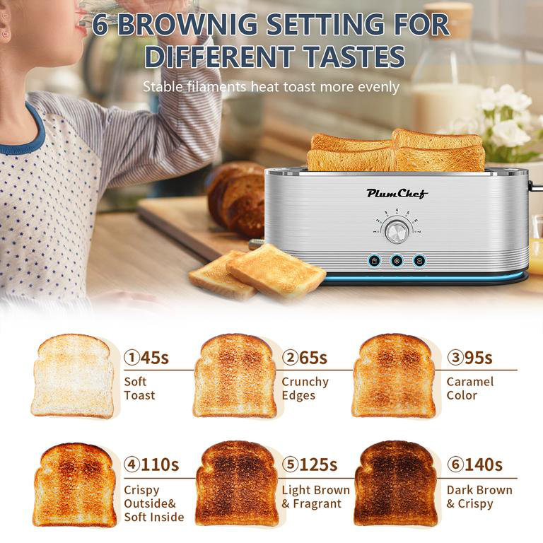 4-Slice Toaster, 7 Browning Settings, Defrost/Reheat Functions, Removable Crumb Tray, Full body Stainless Steel Housing 1350W,Anti-Fingerprint Anti-Jam stainless steel