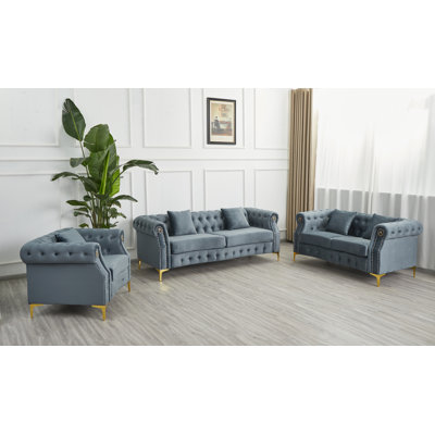 Velvet 3-Piece Chesterfield Living Room Set with Pillows, Roll Arms, and Gold Legs; Includes Sofa, Loveseat, and Armchair