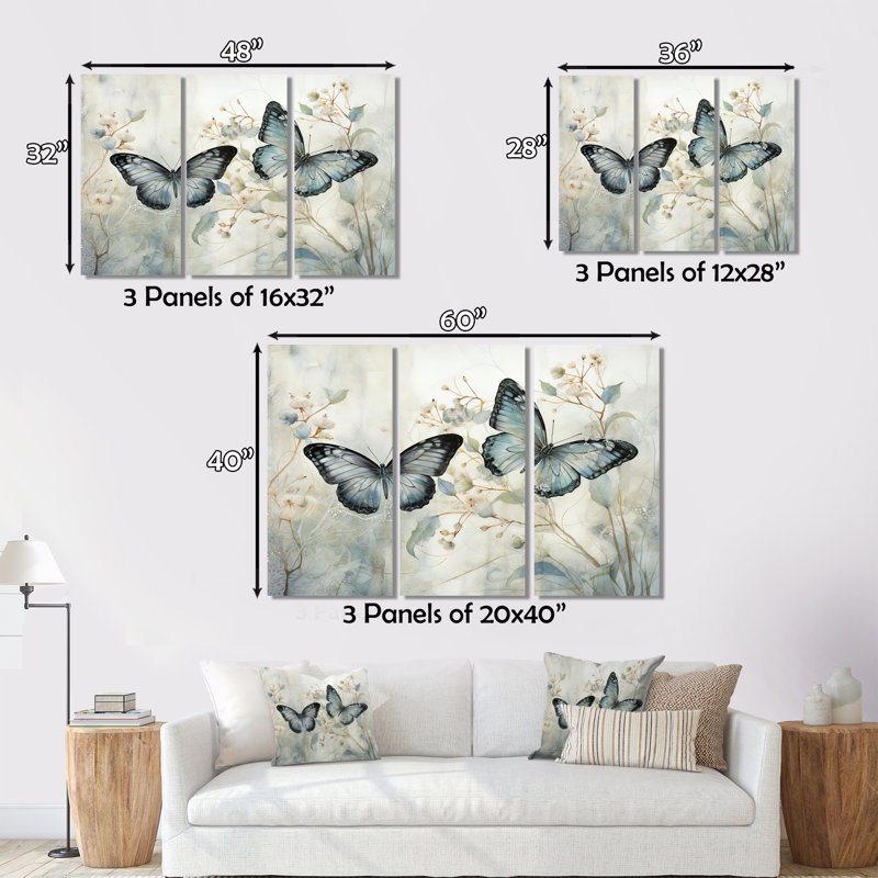 Ailes de papillon bleu et beige de sérénité 3 pièces, H 32 po x l 48 po x P 1 po