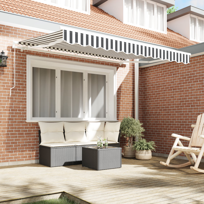 17 Stories Polyester Cover Retractable Patio Awning, White/Anthracite Striped, 330 cm W x 195 cm D