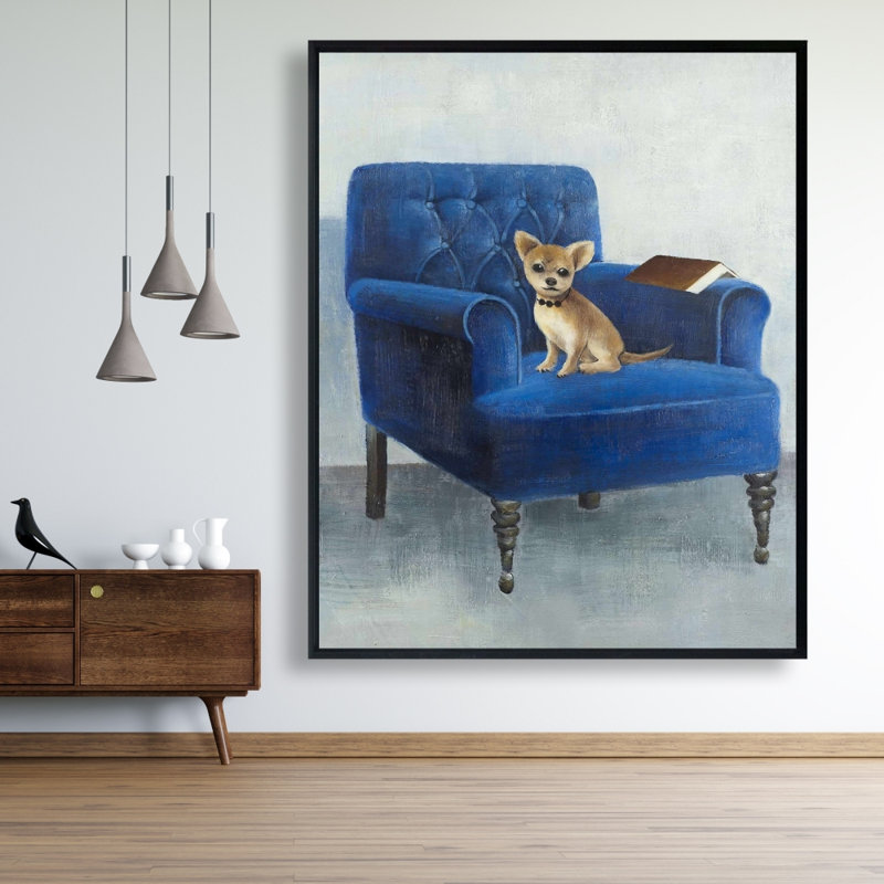 Chihuahua sur un fauteuil bleu, reproduction sur toile