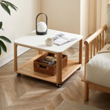 Modern Minimalist Oak Square Sintered Stone Mobile Side Table