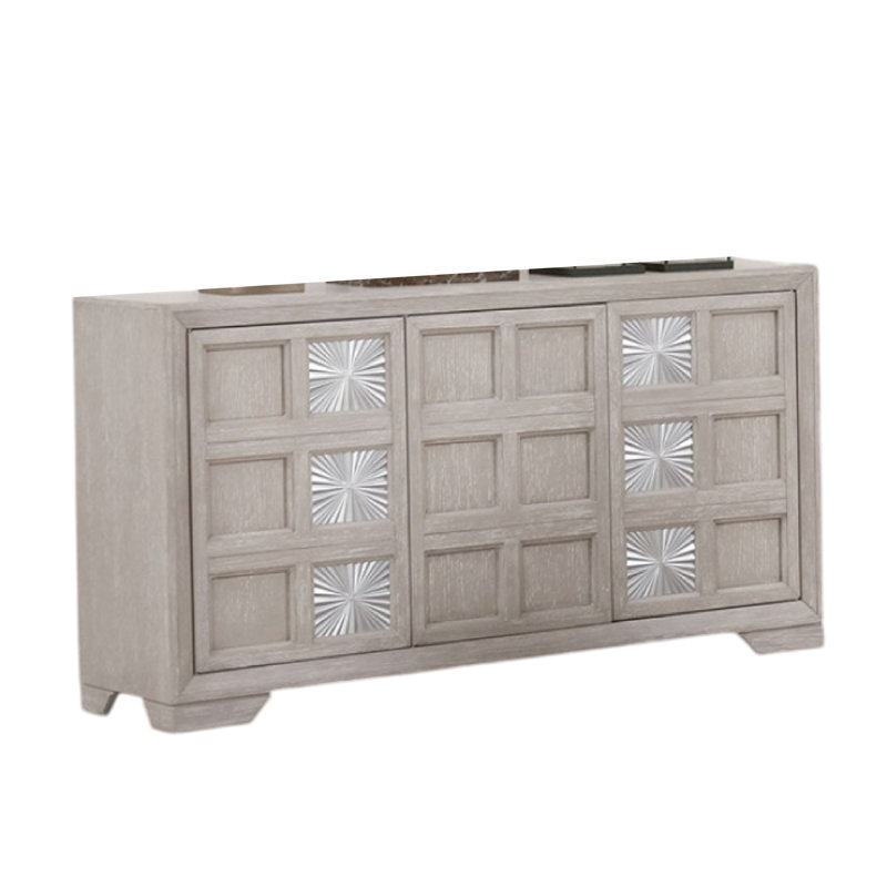 Buffet console Diaz, 3 portes, motif soleil levant, gris clair