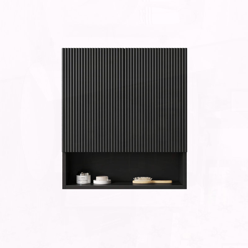 Armoire de salle de bain murale rayée de 26 pouces avec portes et rangement ouvert, noir, Noir