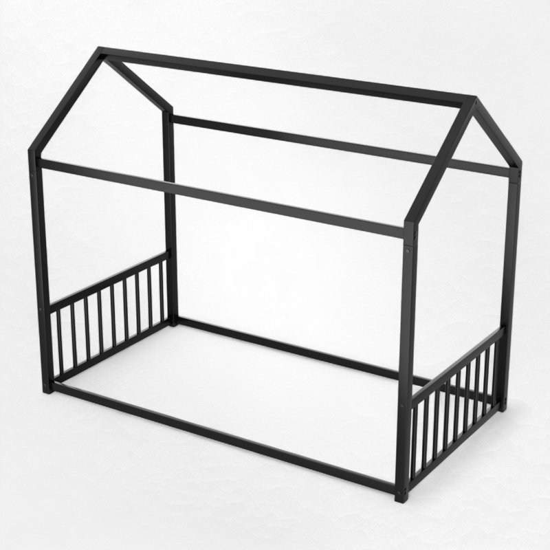Metal Canopy Bed Floor House Bed, Twin, Black