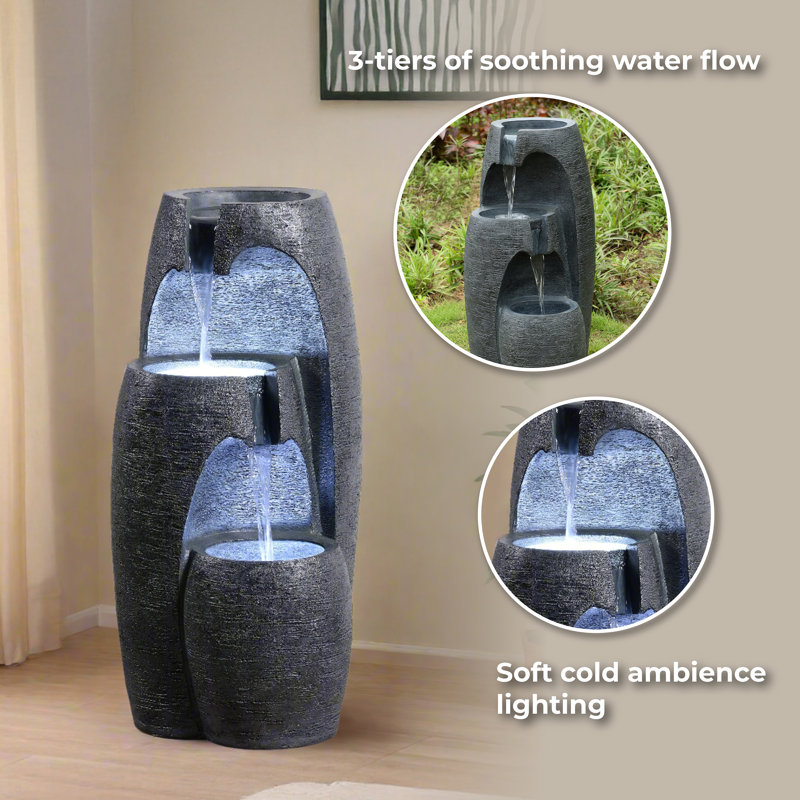 3-Tier Cascading Urn Outdoor Water Fountain with LED Lighting, Adjustable Flow, and Weather-Resistant Design, Black