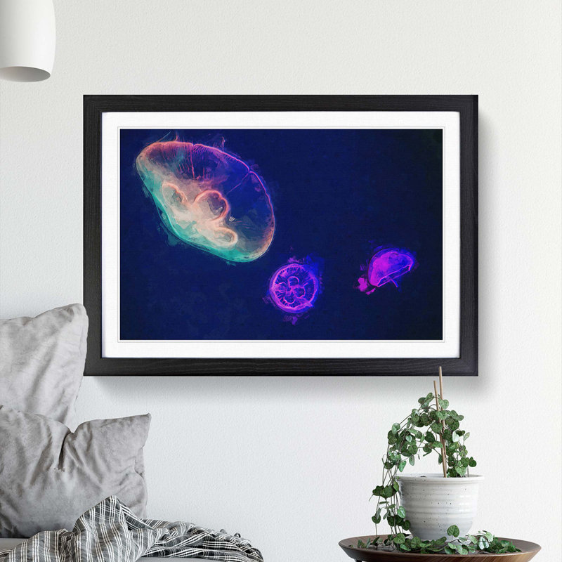 Neon Jellyfish in Abstract - Framed Print, 27cm H x 36cm W x 2cm D, Black Framed
