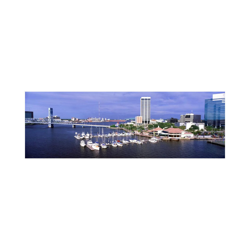 USA, Florida, Jacksonville, St. Johns River, High Angle View Of Marina Riverwalk - Wrapped Canvas Panoramic Print