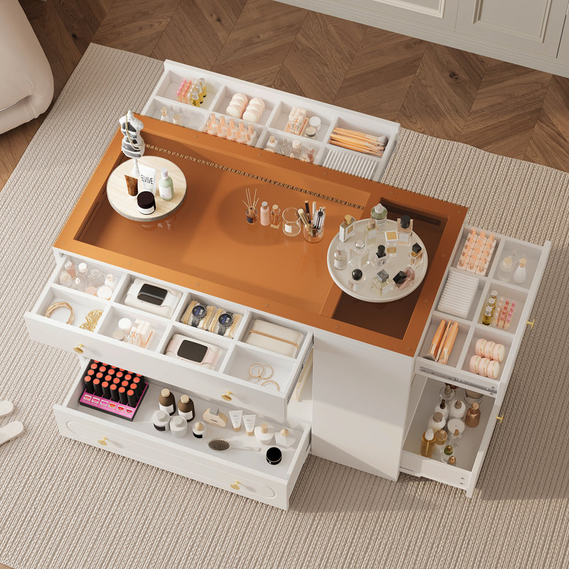 Îlot de garde-robe avec 6 tiroirs, îlot de garde-robe pour armoire avec plateau en verre et tablettes ouvertes, îlot de rangement pour bijoux avec compartiments, îlot de vestiaire pour vestiaire, blanc