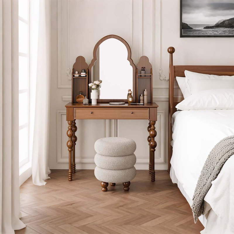 Coiffeuse vintage en bois massif avec grand miroir de maquillage