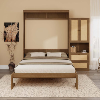 Solid Wood With Rattan Murphy Bed Cabinet Space-Saving Bed With Side Cabinet Storage Shelf, Perfect For Guest Room, For Bed Room, Guest Room, Home Office