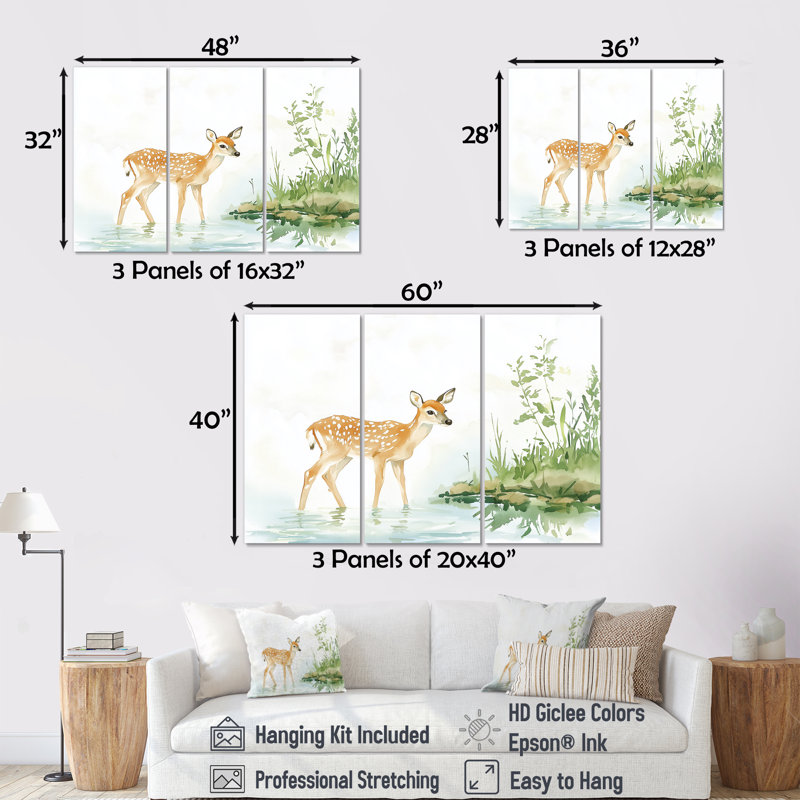 Deer par la rivière III - ensemble d'art mural cerf, 32" H x 48" W, Frameless Print Metal, Does Not Apply