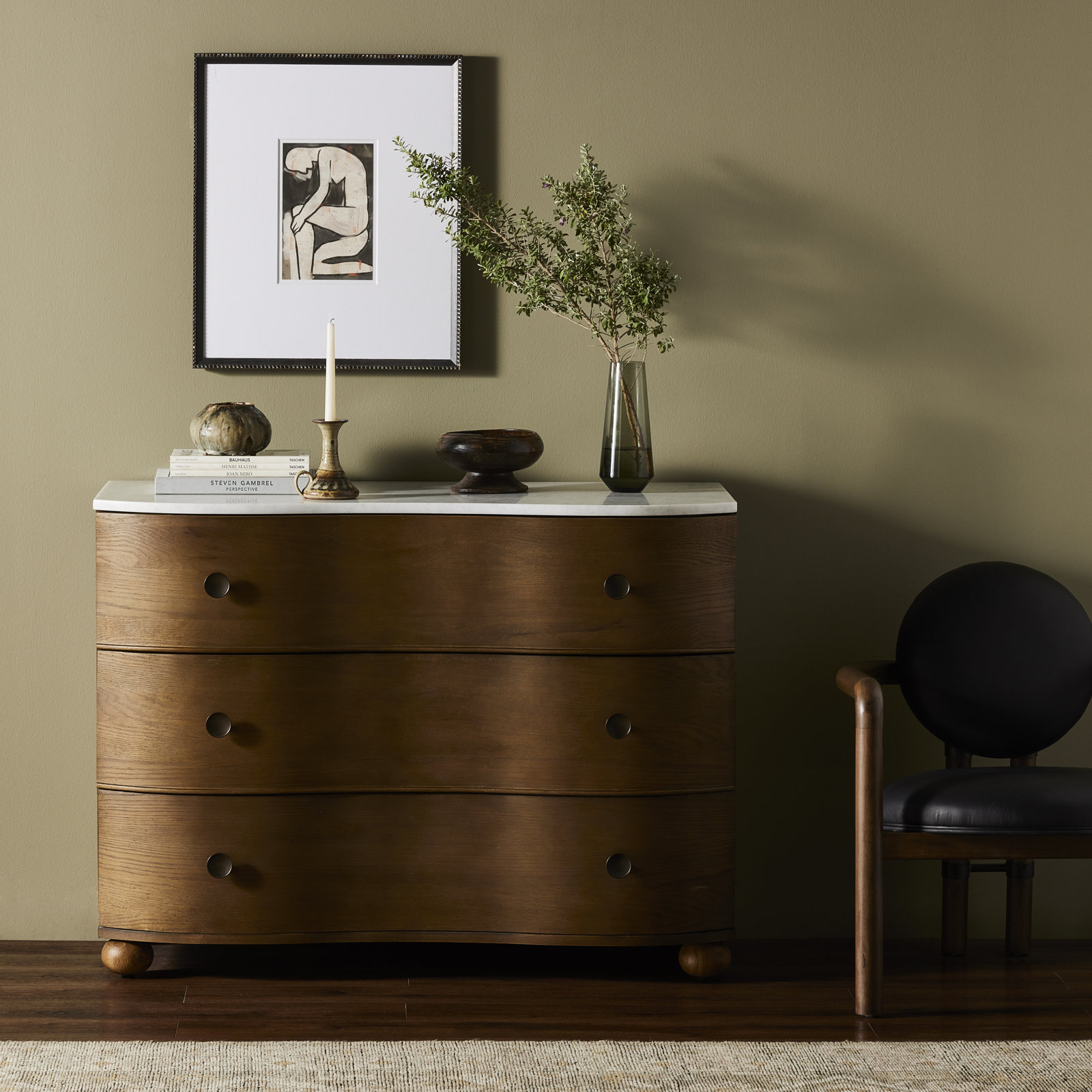 Tariel 3 - Drawer Dresser, Toasted Oak/Polished White Marble